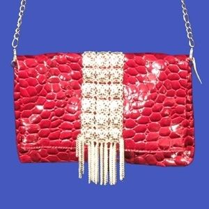 WHITE House Black Market Formal/Evening Bag, Red Reptile/Silver, Medium Size,NWT